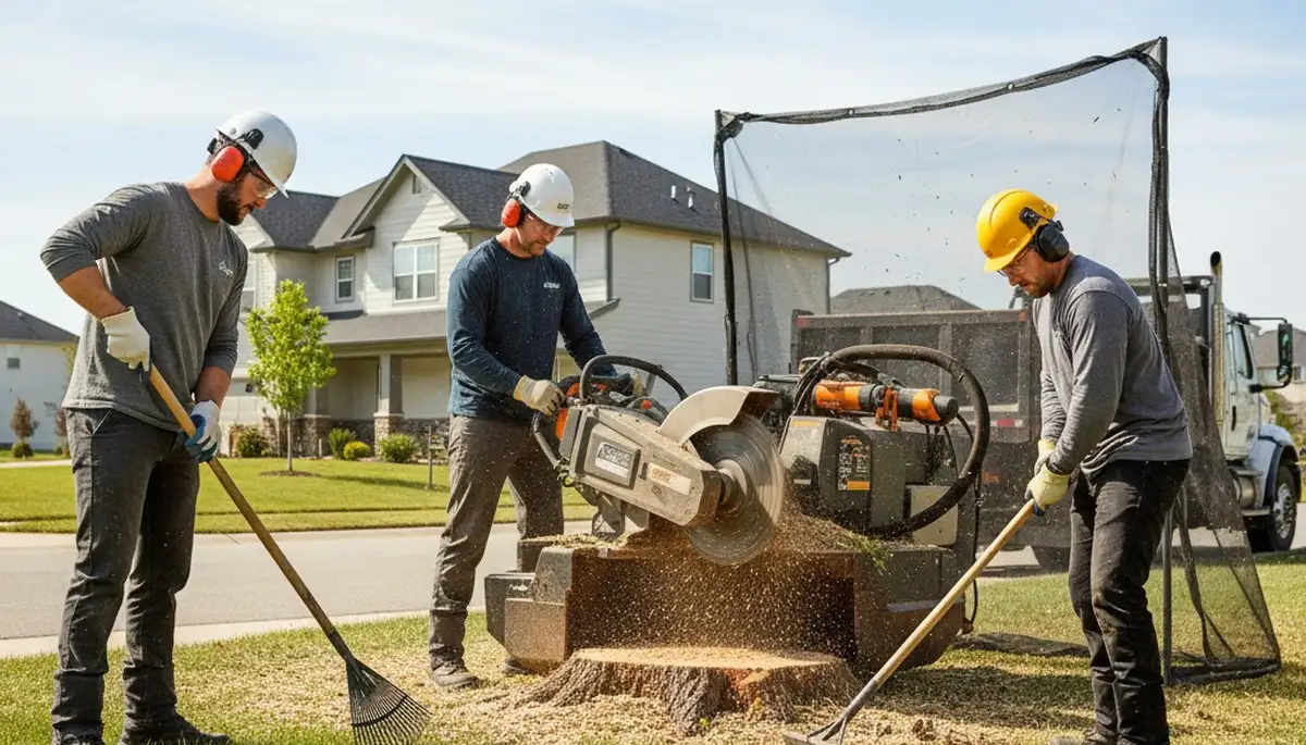 Stump removal service in Dayton, OH clearing an old tree stump to reclaim yard space