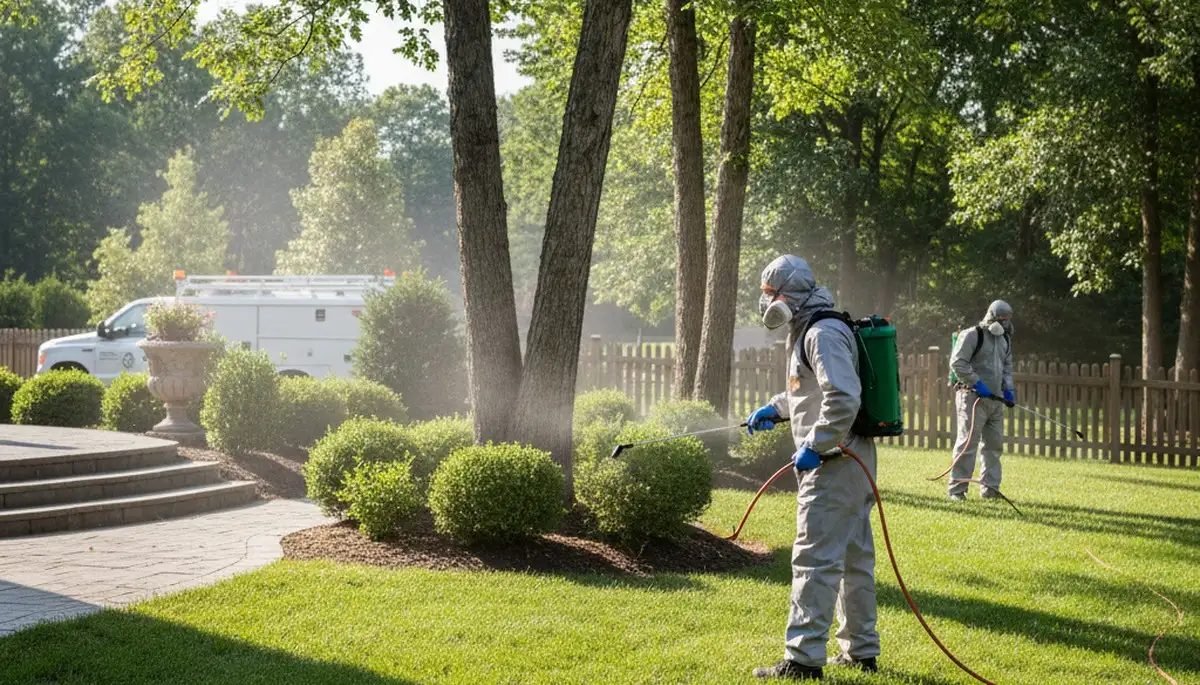 Tick control technician treating a Dayton, OH yard for ticks and outdoor pest reduction