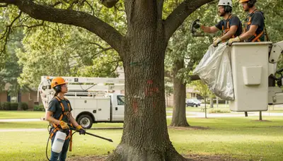 Tree disease treatment in Dayton, OH by Arbor Tree Care inspecting a sick tree for diagnosis and recovery