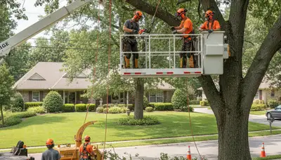 Dayton, OH tree removal crew safely removing a damaged tree for a local homeowner
