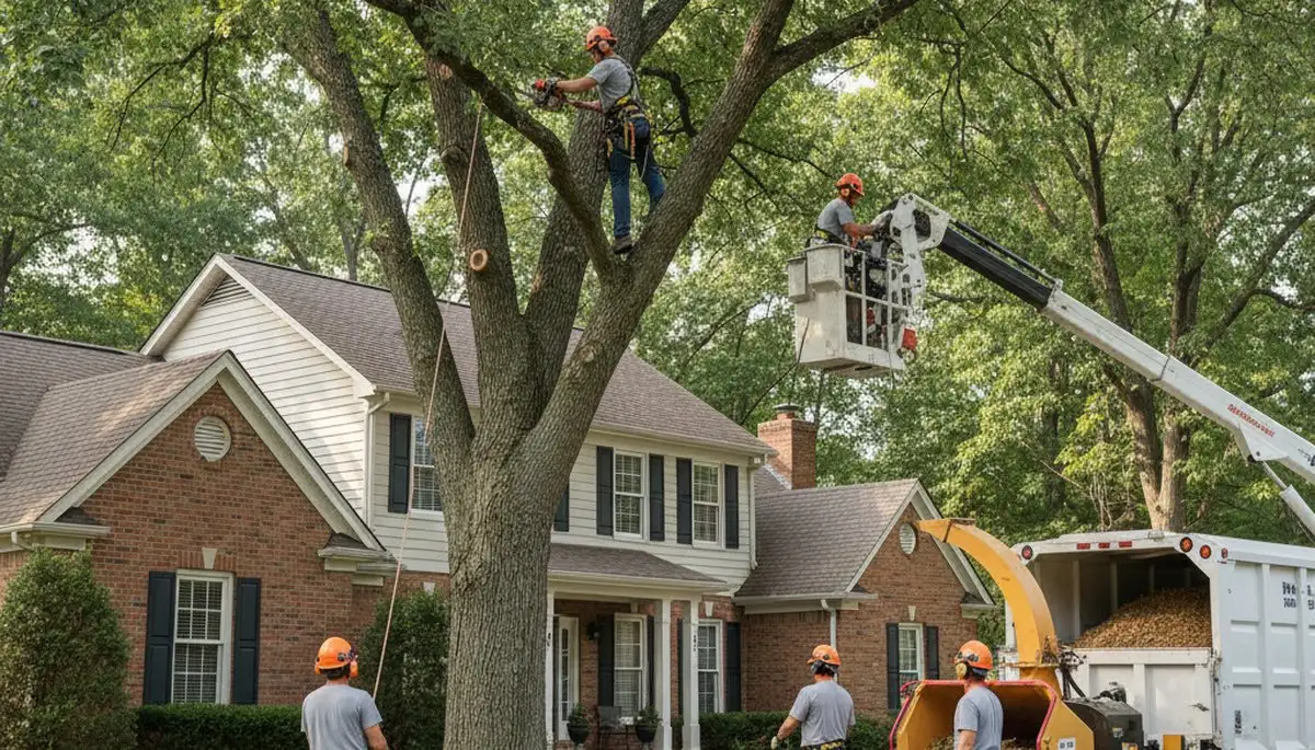 Tree service crew in Dayton, OH removing a tree for safe residential property cleanup