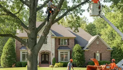 Tree service crew in Dayton, OH performing safe tree removal for a residential property