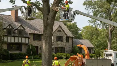 Tree service crew removing a large tree in Dayton, OH for safe residential property cleanup