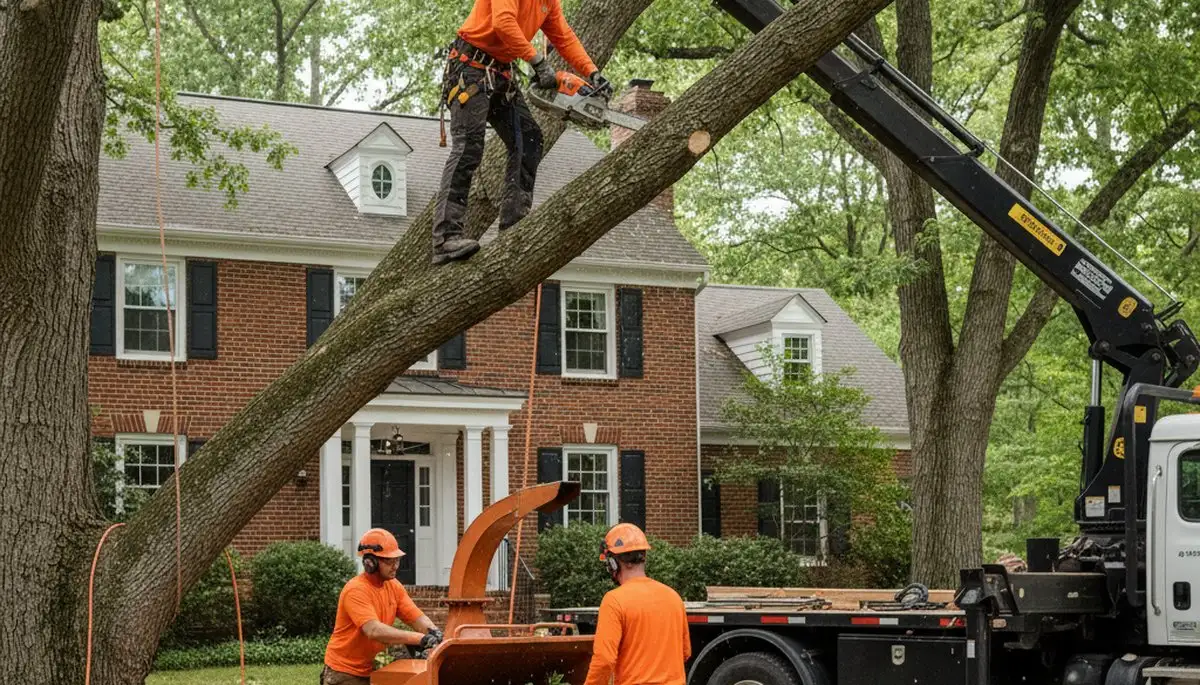 Tree service truck and crew providing professional tree removal in Dayton, OH