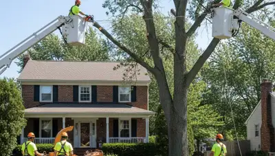 Tree service crew in Dayton, OH removing a tree for safe residential property care