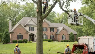 Tree service crew in Dayton, OH removing a tree for safe residential property cleanup