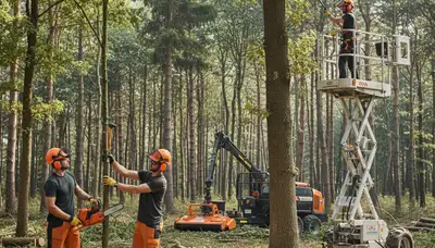 Woodlot management crew clearing overgrown trees in Dayton, OH for safer, healthier land conservation